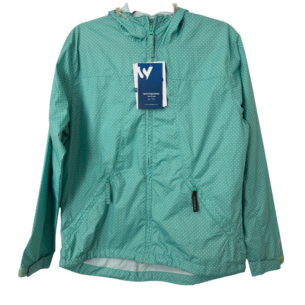 White Sierra Windbreaker Jacket M NWT Teal Polka Dot Packable Hooded Gorpcore